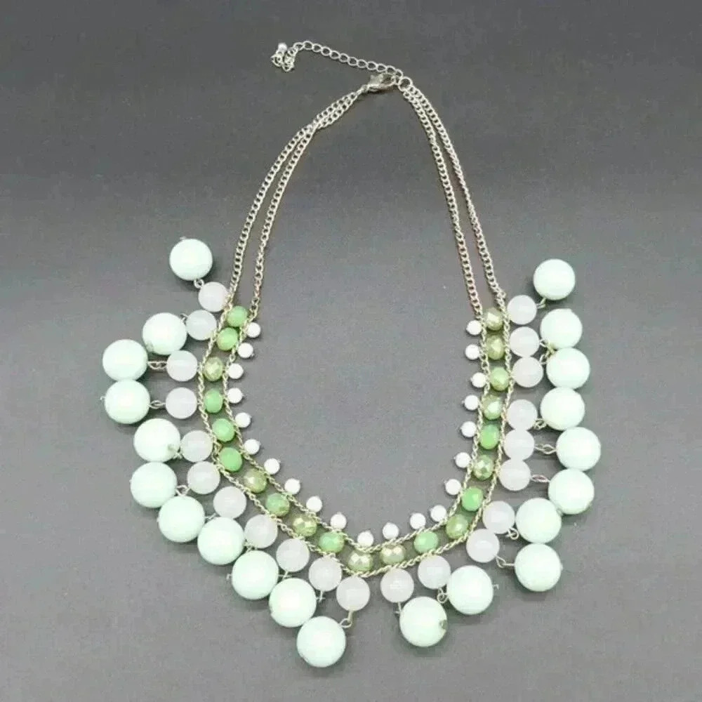 Beaded Bib Mint Green Faceted Glass Multi Layered Gold Tone Cable Chain 18 inch